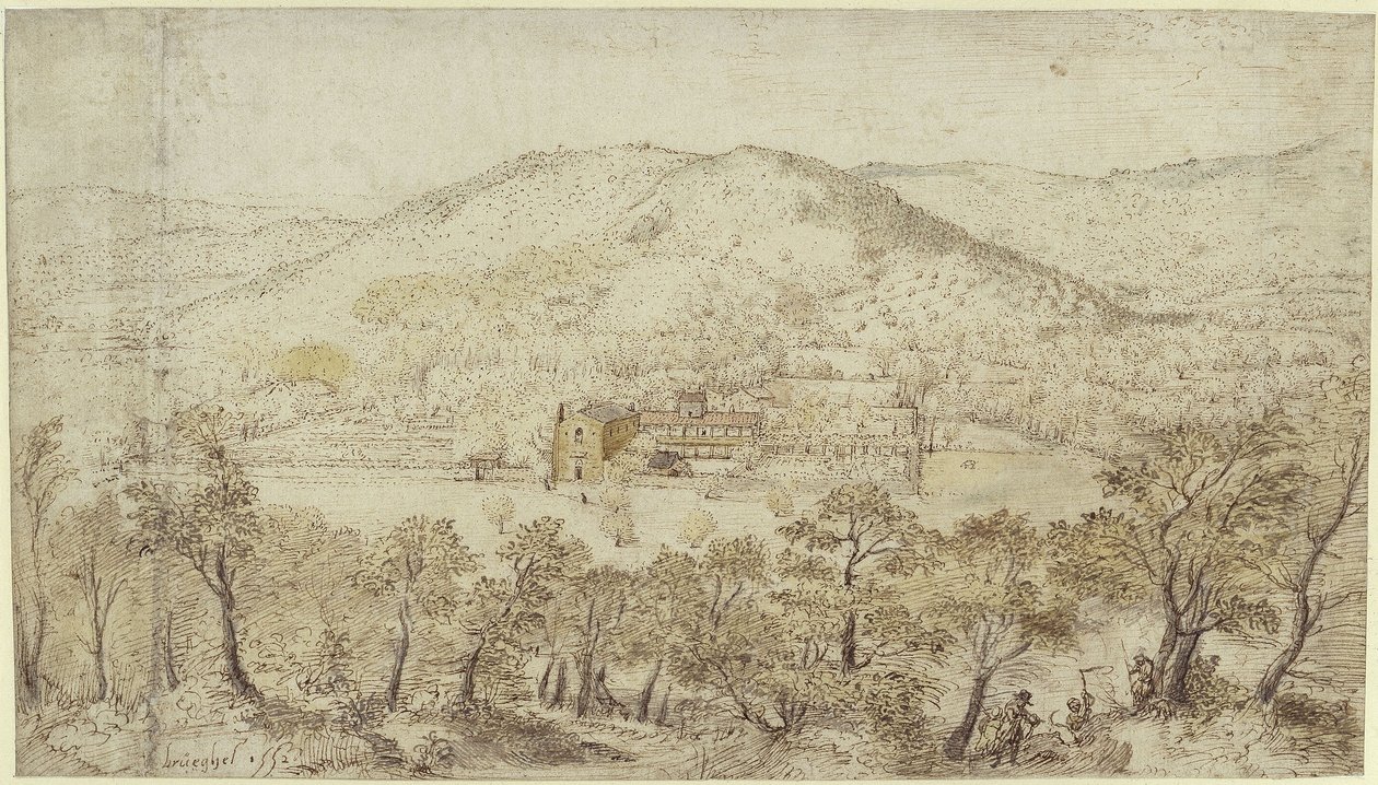 Sydligt kulligt landskap med klosterbyggnader av Pieter Brueghel the Elder