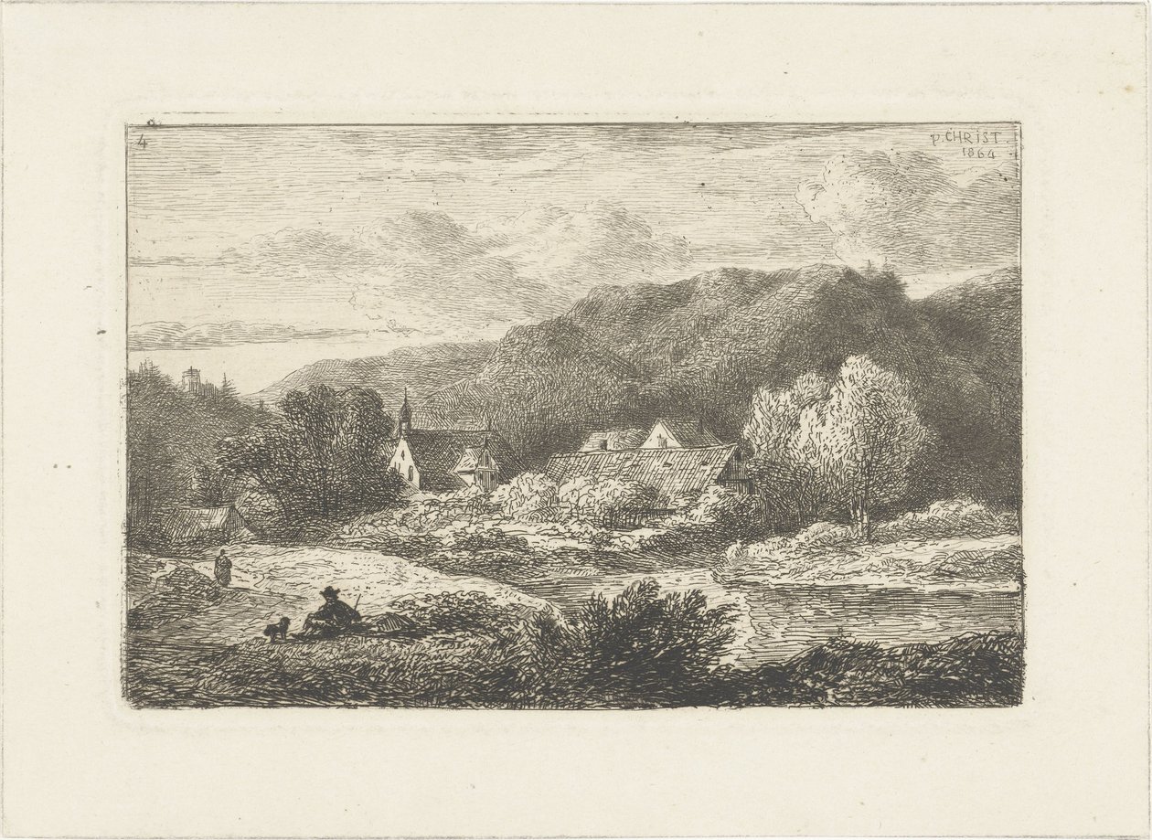 Kuperat landskap med kyrka och hus Vattenlandskap (serietitel) av Pieter Casper Christ