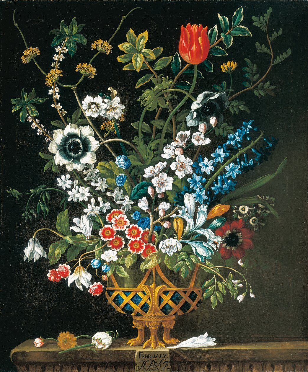Februari, från The Twelve Months of Flowers, en blomkalender med stilleben av Pieter Casteels