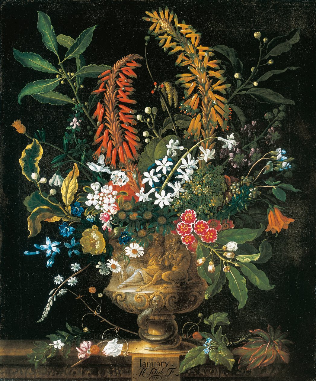 Januari, från The Twelve Months of Flowers, en blomkalender av stilleben av Pieter Casteels