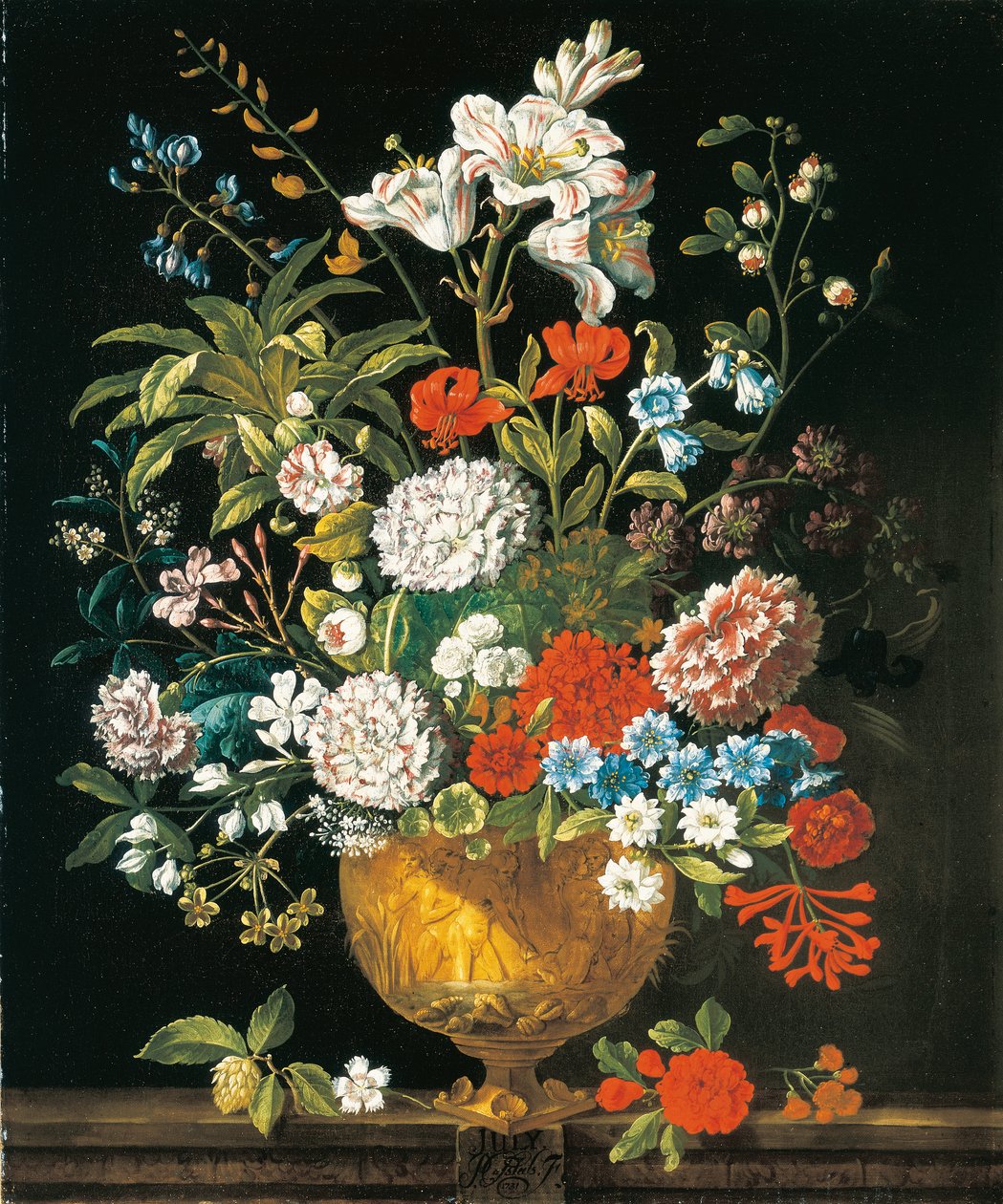 Juli, från The Twelve Months of Flowers, en blomkalender med stilleben av Pieter Casteels