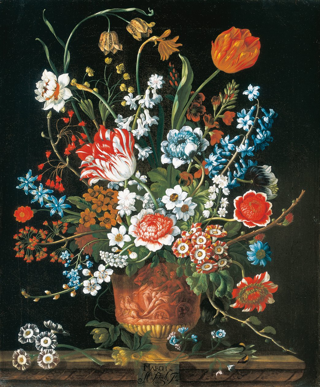 Mars, från The Twelve Months of Flowers, en blomkalender med stilleben av Pieter Casteels
