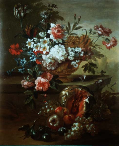 Stilleben av blommor i en urna med frukt (par 81023) av Pieter Casteels