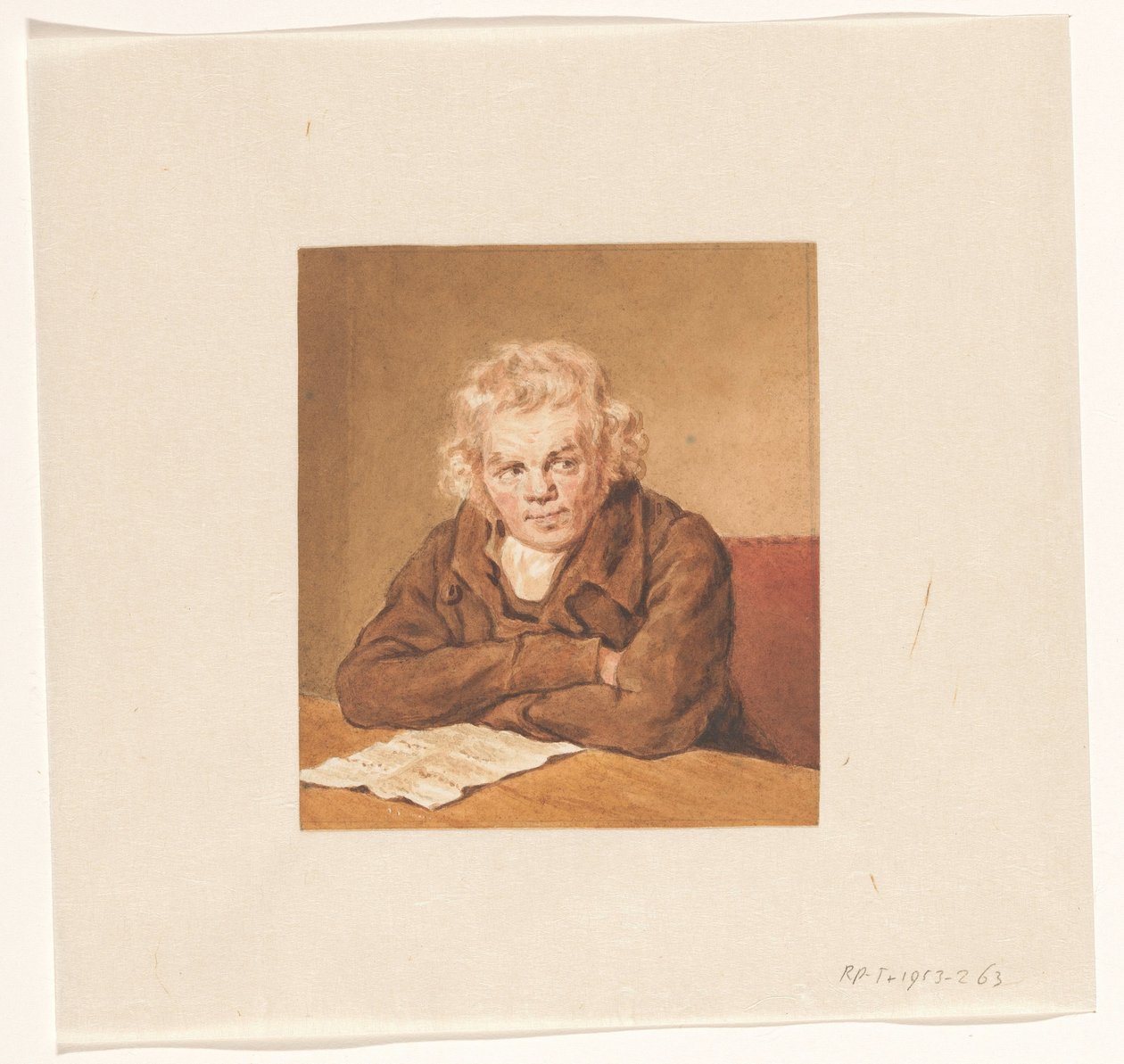 Porträtt av Lourens van Schaick, sittande och läser vid bordet av Pieter Christoffel Wonder