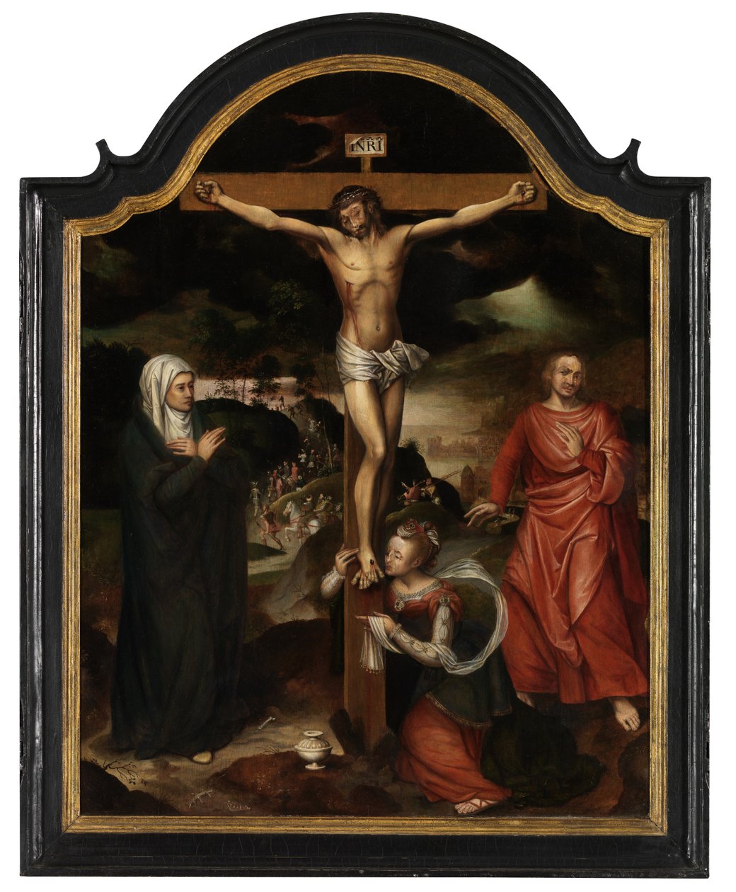Kristus på korset med Jungfrun, Johannes och Maria Magdalena (olja på panel) av Pieter Claeissens
