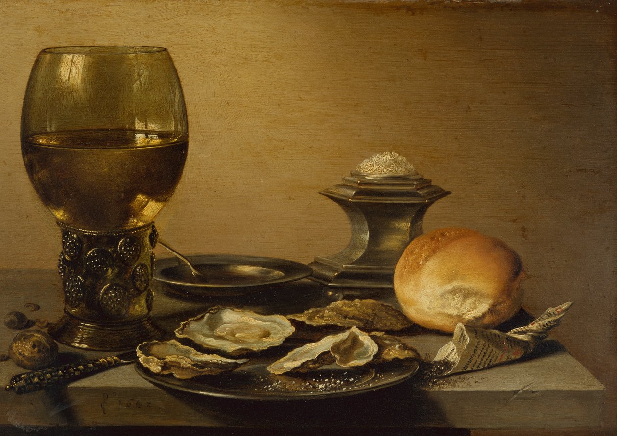 Ett frukoststilleben av ostron, saltbröd och nötter (olja) av Pieter Claesz