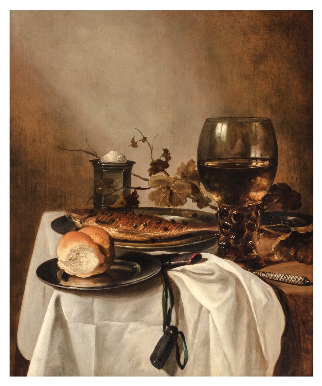 En rulle, sill, silversaltkällare, stor roemer och kniv på ett draperat bord, ca 1644 (olja på panel) av Pieter Claesz