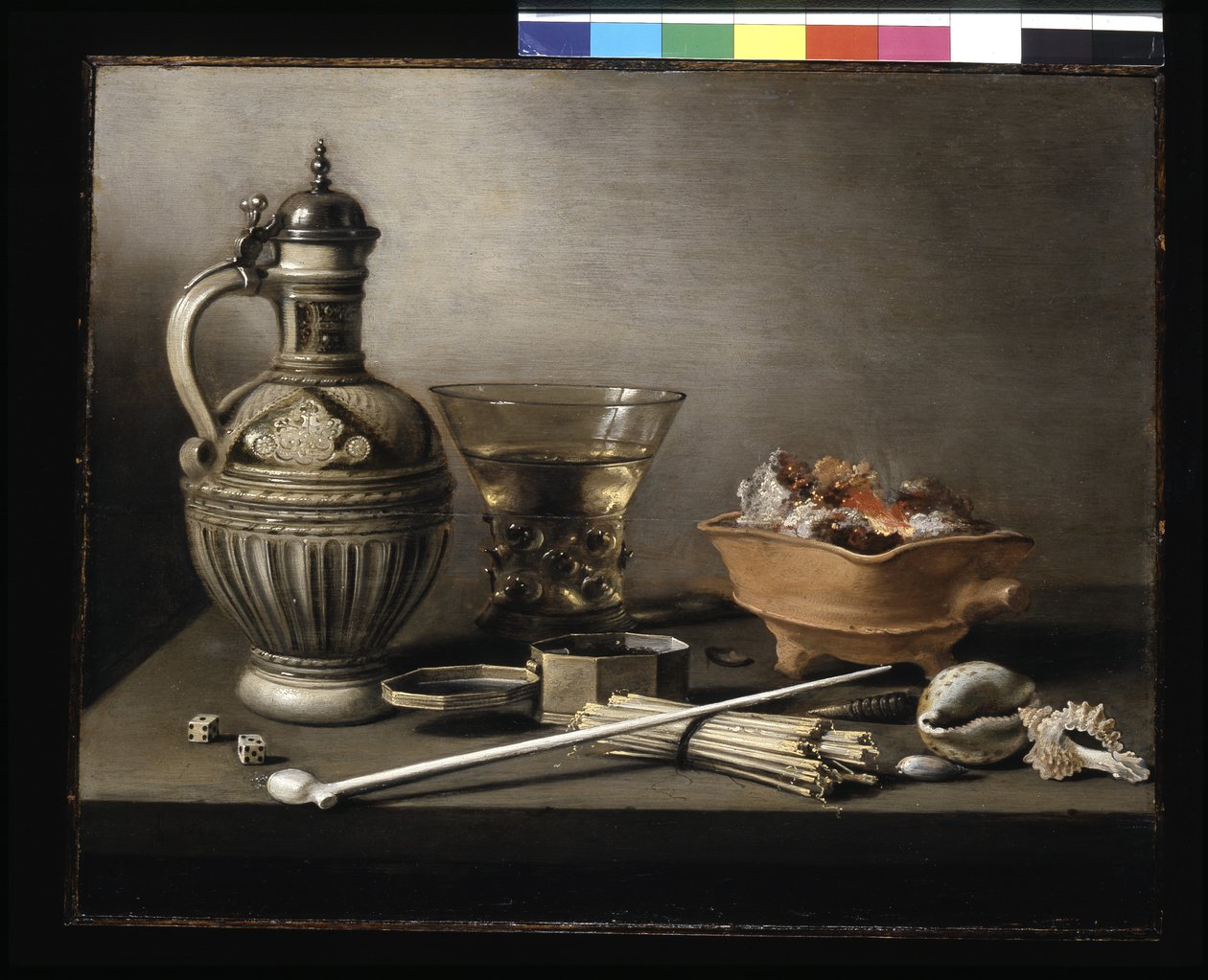 Stilleben med stengodskanna, berkemeyer och rökredskap (olja på trä) av Pieter Claesz