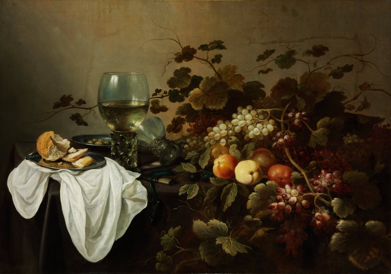 Stilleben med frukt och Roemer - Peinture de Pieter Claesz (ca 1597-1660) - 1644 - Olja på duk - 104,5x146 - Szepmuveszeti Muzeum, Budapest av Pieter Claesz