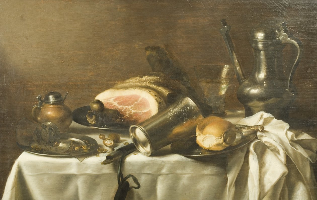Stilleben med en skinka (olja på duk) av Pieter Claesz