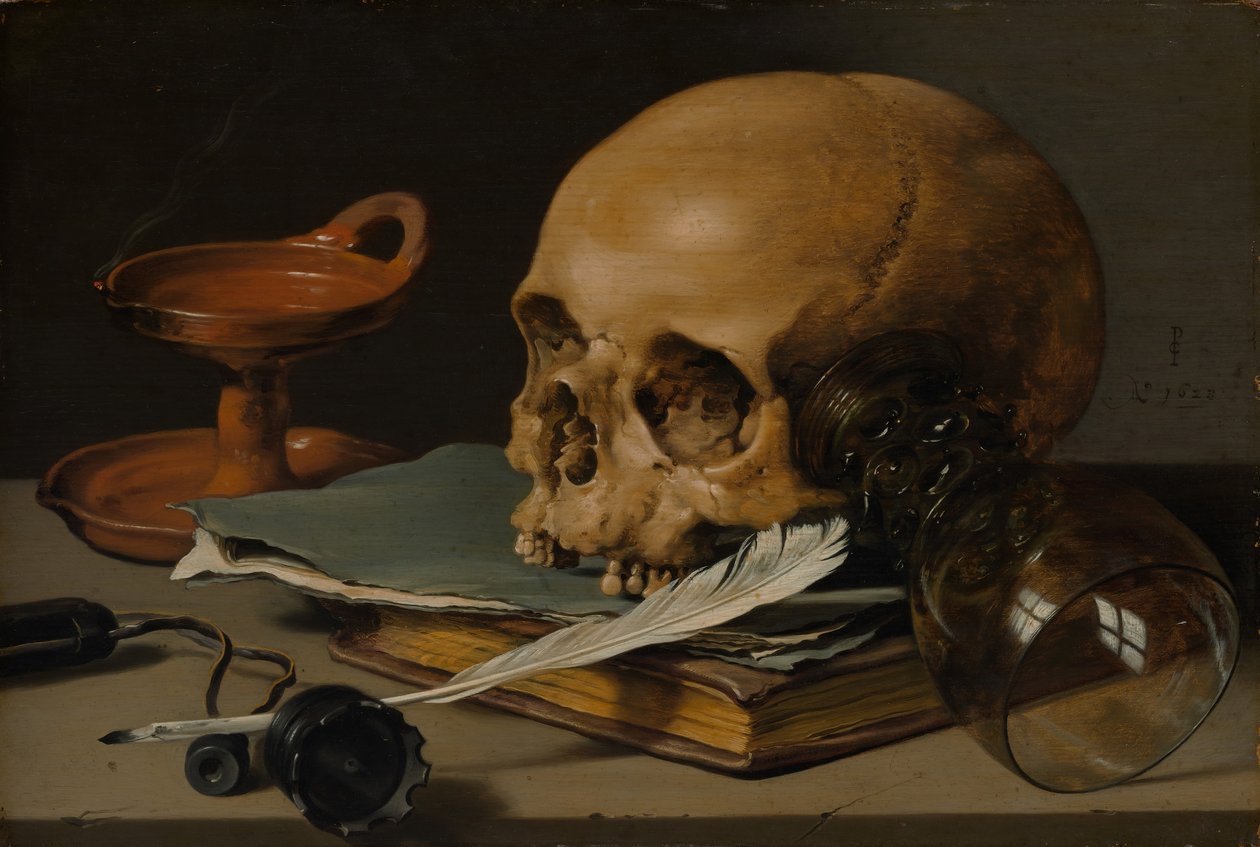 Stilleben med en skalle och en skrivpenna, 1628. av Pieter Claesz