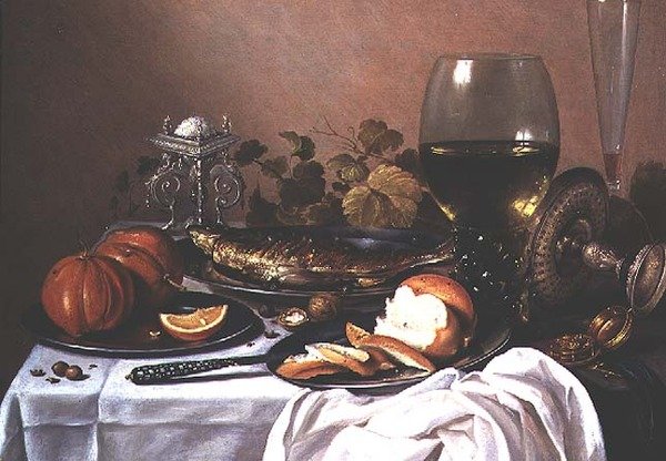 Stilleben med makrill, pumpa och bröd av Pieter Claesz