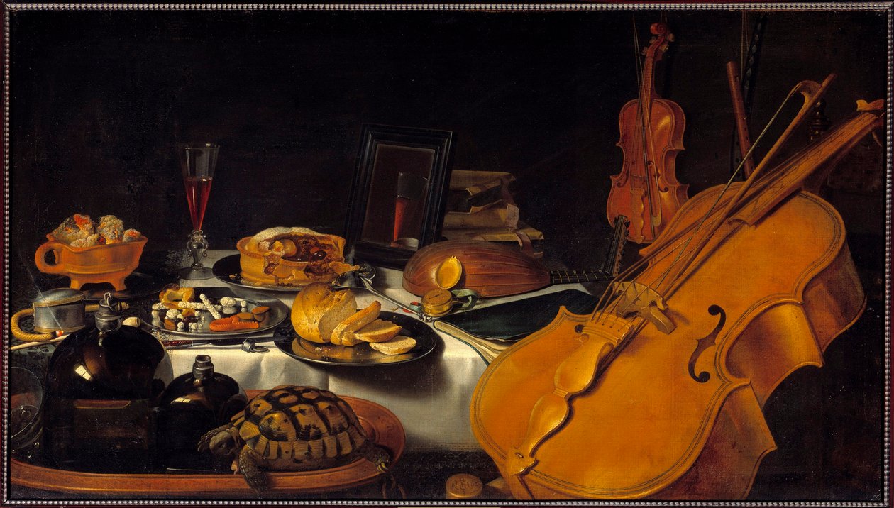 Stilleben med musikinstrument En sköldpadda, en paj, ett glas vin, bröd. Målning av Pieter Claesz (1597-1661) (ec.holl.) 1623 sön. 0,69x1,22 m av Pieter Claesz