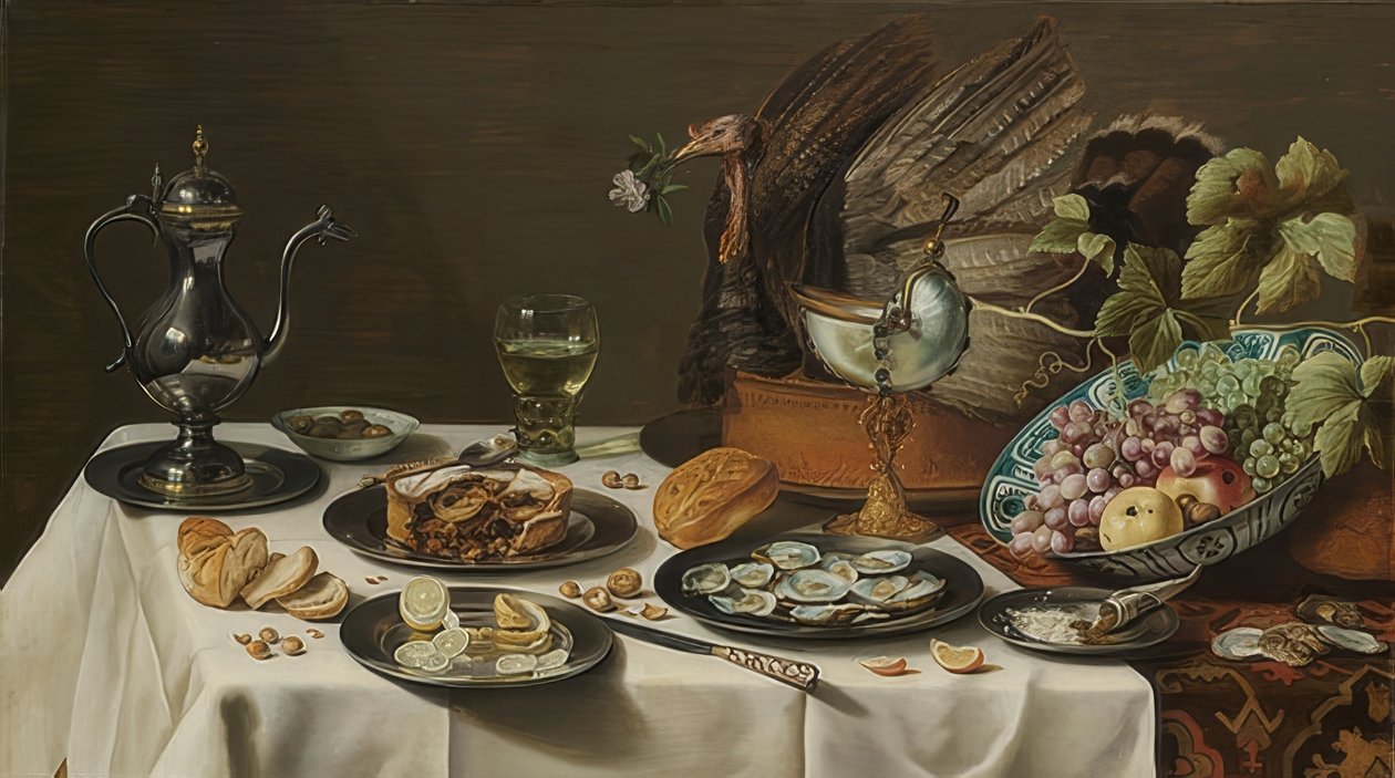 Stilleben med kalkonpaj. 1627 av Pieter Claesz