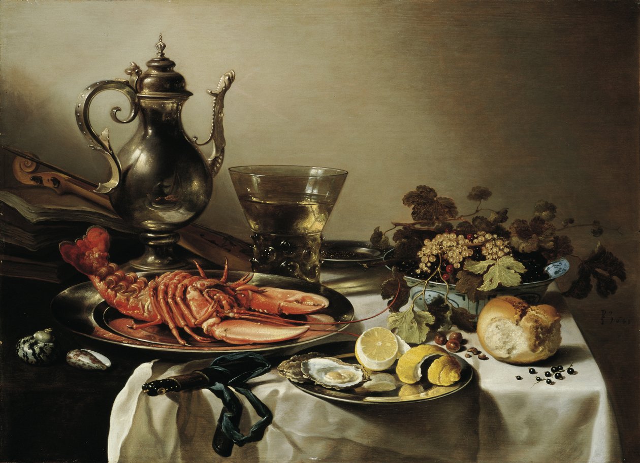 Bord med hummer, silverkanna, stor Berkemeyer, fruktskål, fiol och böcker, 1641 av Pieter Claesz