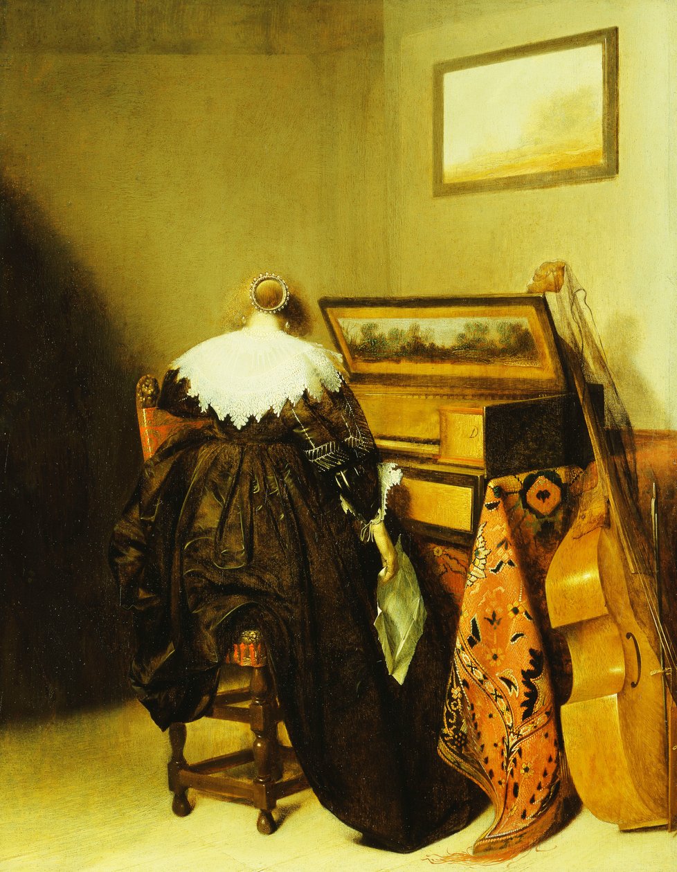 En sittande dam sedd bakifrån framför en jungfru, av Pieter Codde