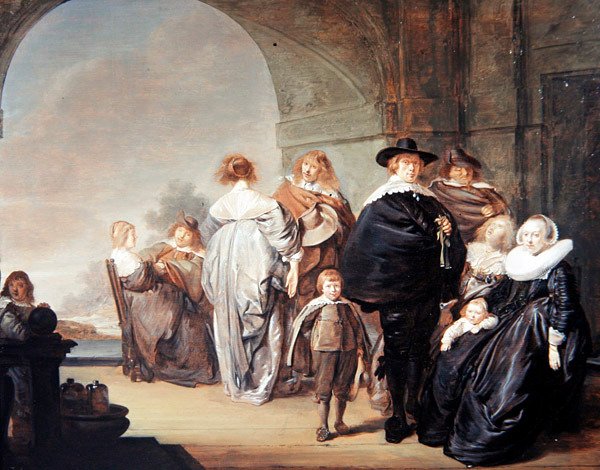 Ett elegant företag på en terrass (olja på panel) av Pieter Codde