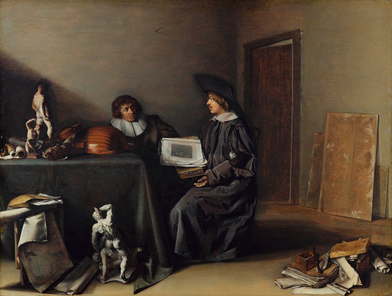 ""En konstnär och en konstälskare i samtal"" (Konstnär och konstälskare i samtal) Målning av Pieter Codde (1599-1678), - Olja på trä, 41,7x55,1 - Fondation Custodia av Pieter Codde