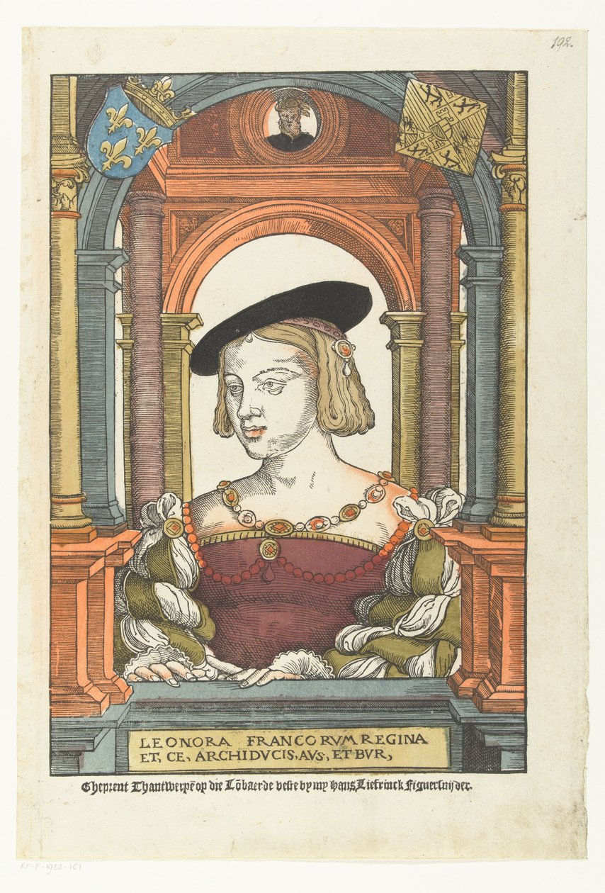 Porträtt av Eleonora van Frankrijk Leonora drottning av frankerna och, ce, ärkehertig, aus och bur, (titel på objektet) av Pieter Coecke van Aelst (I) (circle of)