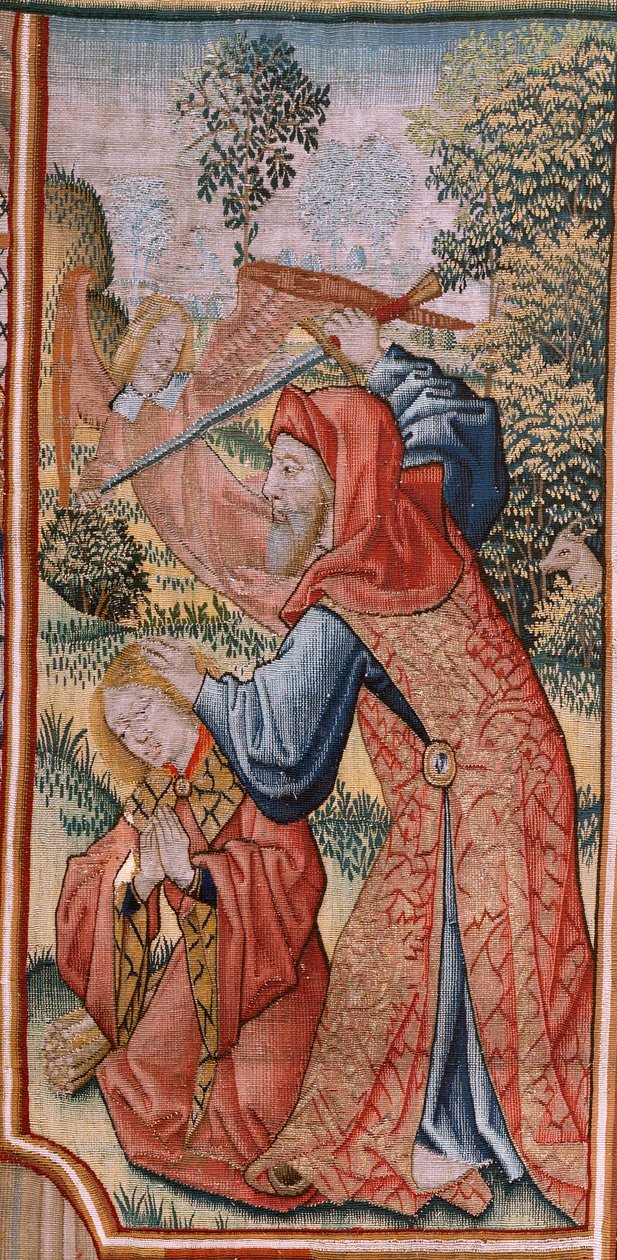 flamländsk gobeläng. Serieavsnitt från Jungfruns liv; Presentation vid templet (Presentación en el Templo). Andra gobeläng i serien. Modeller tillskrivna Jan van Roome (eller van Brussel). Tillverkning Pieter van Aelst, Bryssel. Ca 1502-1504. av Pieter Coecke van Aelst