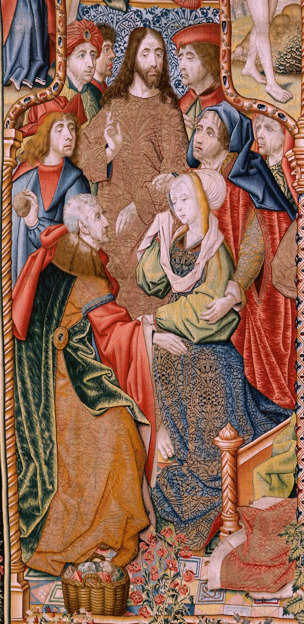 flamländsk gobeläng. Serieavsnitt från The Life of the Virgin. Profetiorna uppfylls vid Kristi födelse (Profetiornas uppfyllelse vid Guds Sons födelse). Första gobelängen i serien. Modeller tillskrivna Jan von Roome (eller van B av Pieter Coecke van Aelst