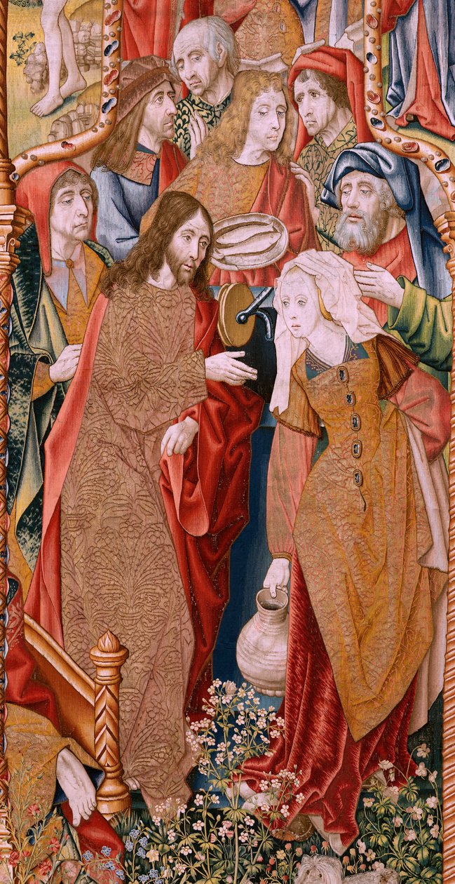 flamländsk gobeläng. Serieavsnitt från The Life of the Virgin. Profetiorna uppfylls vid Kristi födelse (Profetiornas uppfyllelse vid Guds Sons födelse). Första gobelängen i serien. Modeller tillskrivna Jan von Roome (eller van B av Pieter Coecke van Aelst
