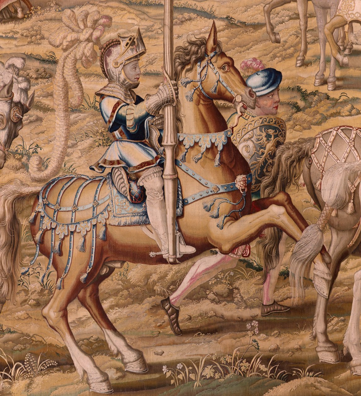 flamländsk gobeläng. Serien Erövringen av Tunis; Genomgång av trupperna i Barcelona (La revista de las tropas en Barcelona). Andra gobeläng i serien. Modellen Jan Vermeyen och Pieter Coecke van Aelst. 1543-1548. Tillverkning Real Fábrica de Tapices de Sant av Pieter Coecke van Aelst