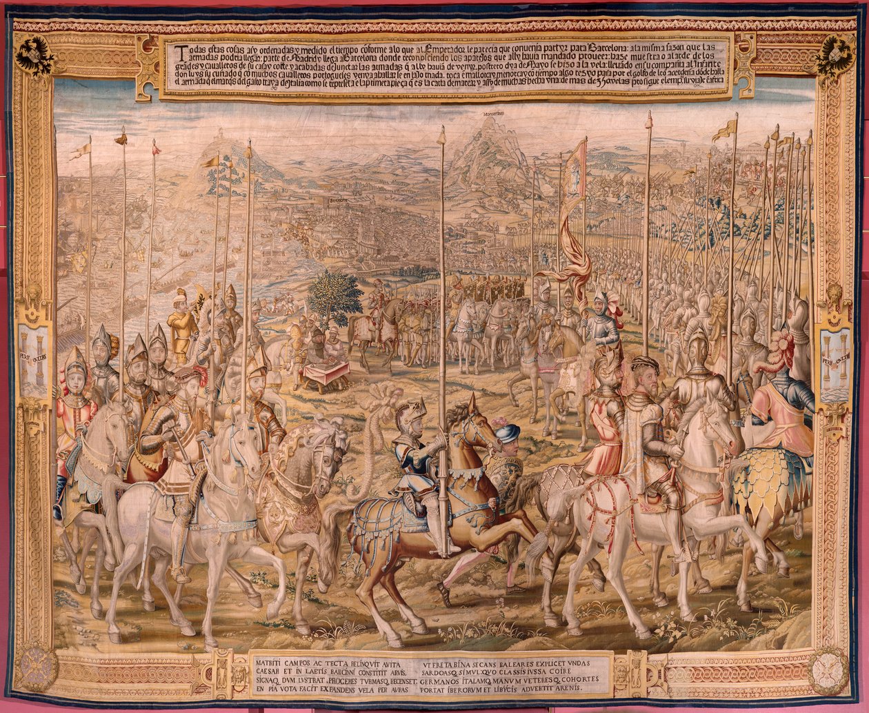 flamländsk gobeläng. Serien Erövringen av Tunis; Genomgång av trupperna i Barcelona (La revista de las tropas en Barcelona). Andra gobeläng i serien. Modellen Jan Vermeyen och Pieter Coecke van Aelst. 1543-1548. Tillverkning Real Fábrica de Tapices de Sant av Pieter Coecke van Aelst