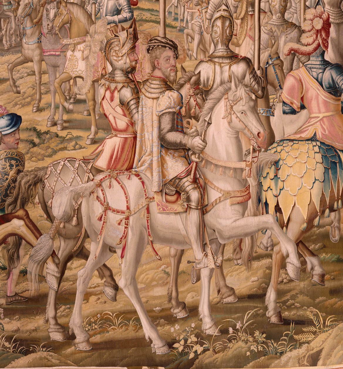 flamländsk gobeläng. Serien Erövringen av Tunis; Genomgång av trupperna i Barcelona (La revista de las tropas en Barcelona). Andra gobeläng i serien. Modellen Jan Vermeyen och Pieter Coecke van Aelst. 1543-1548. Tillverkning Real Fábrica de Tapices de Sant av Pieter Coecke van Aelst