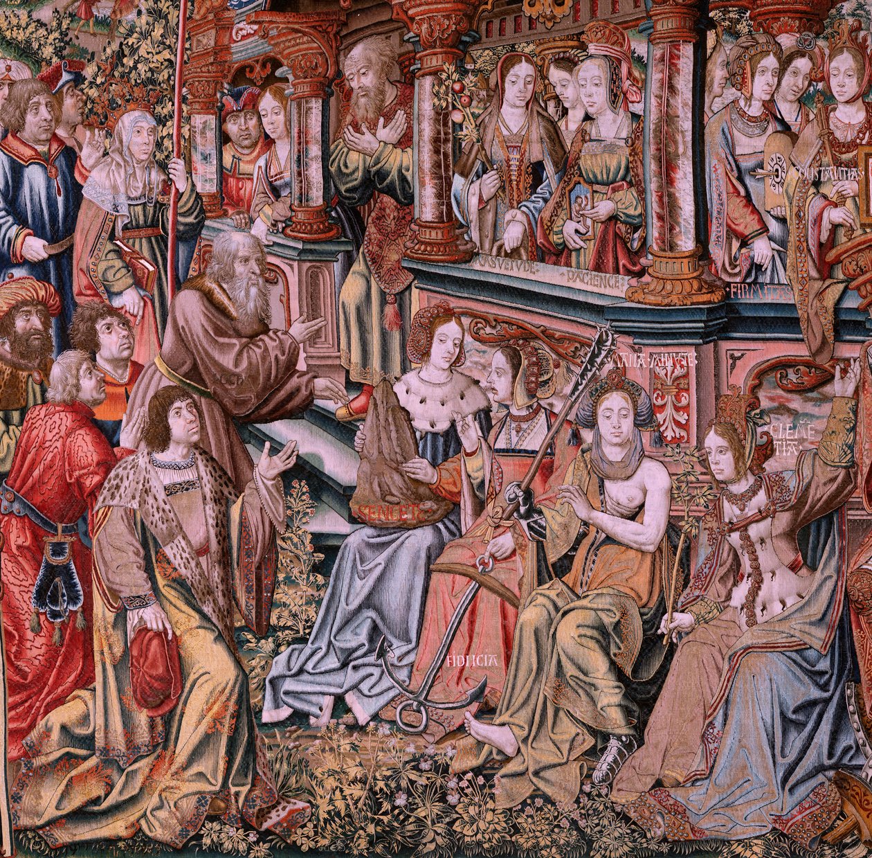 flamländsk gobeläng. Serien The Honours. Dygd (La Virtu, El Vicio). Åttonde gobeläng i serien. Modelltecknare från Bernard van Orleys och Jan Gossaerts krets (Mabuse). Tillverkning Pieter van Aelst, Bryssel. Ca 1550. Tyg Guld, silver, siden a av Pieter Coecke van Aelst