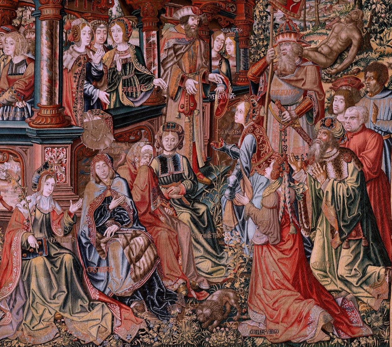 flamländsk gobeläng. Serien The Honours. Dygd (La Virtu, El Vicio). Åttonde gobeläng i serien. Modelltecknare från Bernard van Orleys och Jan Gossaerts krets (Mabuse). Tillverkning Pieter van Aelst, Bryssel. Ca 1550. Tyg Guld, silver, siden a av Pieter Coecke van Aelst