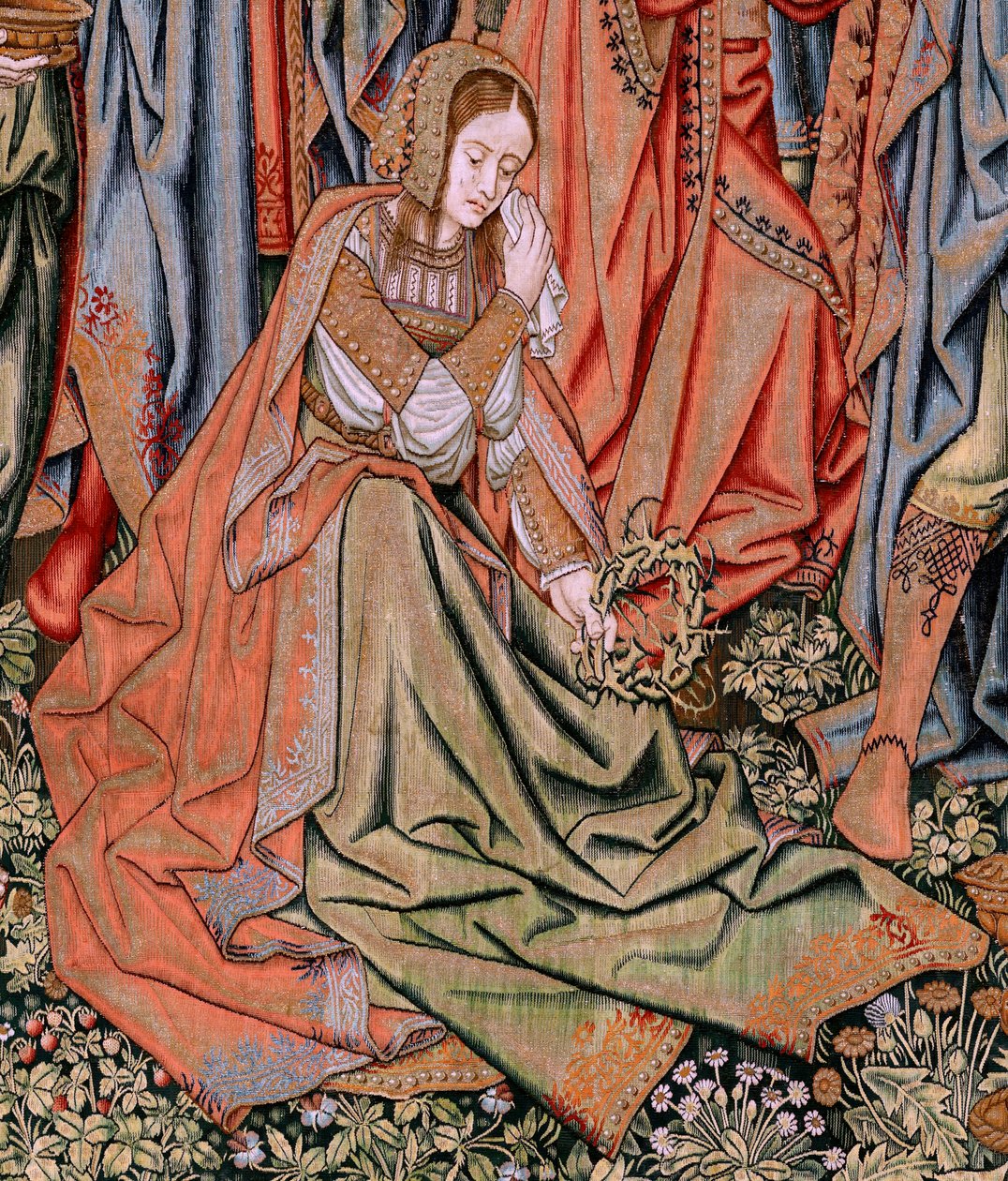 flamländsk gobeläng. Serien The Passion of Christ. Nedstigningen från korset (Descendimiento). Den andra gobelängserien av Kristi passion som tillhör Patrimonio Nacional. Modelltecknare från Jan van Roomes krets. Tillverkning Pieter va av Pieter Coecke van Aelst