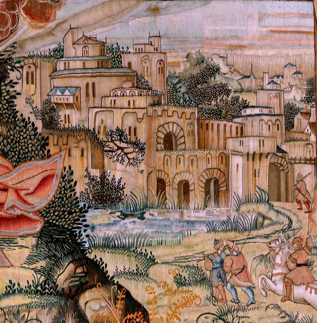 flamländsk gobeläng. Serien The Passion of Christ. Nedstigningen från korset (Descendimiento). Den andra gobelängserien av Kristi passion som tillhör Patrimonio Nacional. Modelltecknare från Jan van Roomes krets. Tillverkning Pieter va av Pieter Coecke van Aelst