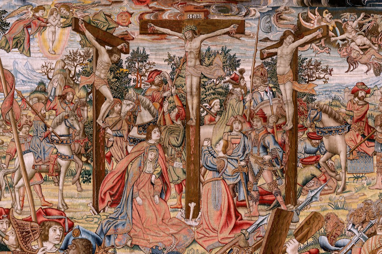 flamländsk gobeläng. Serien The Passion of Christ; Vägen till Golgata och möte med Veronica (Camino del Calvario y encuentro con la Verónica). Första gobeläng av de som förvaras av National Heritage. Modelltecknare från Jan van Roomes och Berns krets av Pieter Coecke van Aelst