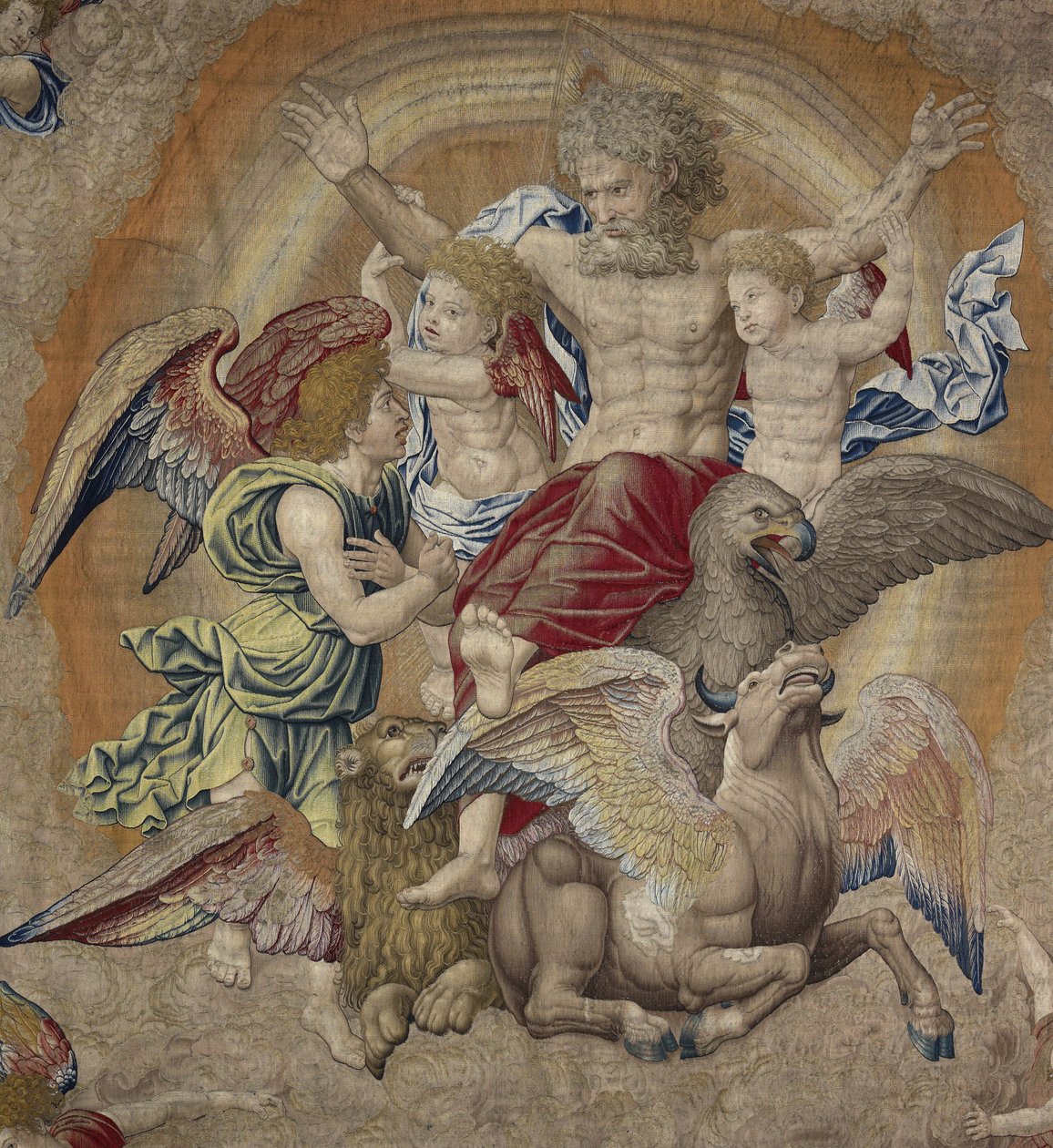Gud Fadern med symbolerna för de fjärde apostlarna (tetramorfos), känd som Treenigheten av Pieter Coecke van Aelst