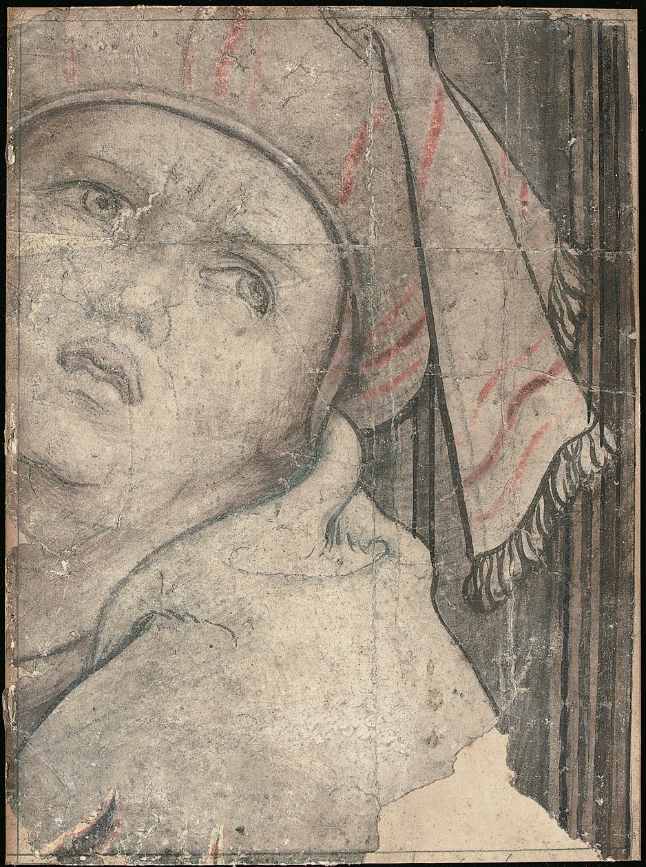 Huvudet på en man i en turban som tittar uppåt av Pieter Coecke van Aelst