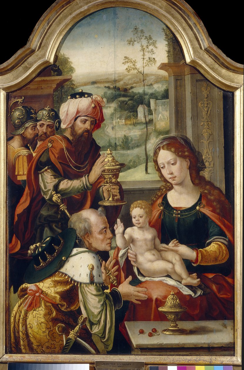 Tillbedjan av Magi. Målning av Pieter Coecke van Aelst den äldre (1502-1555), olja på trä, första hälften av 1500-talet. flamländsk primitiv konst. State Art Gallery, Lviv (Ukraina). av Pieter Coecke van Aelst