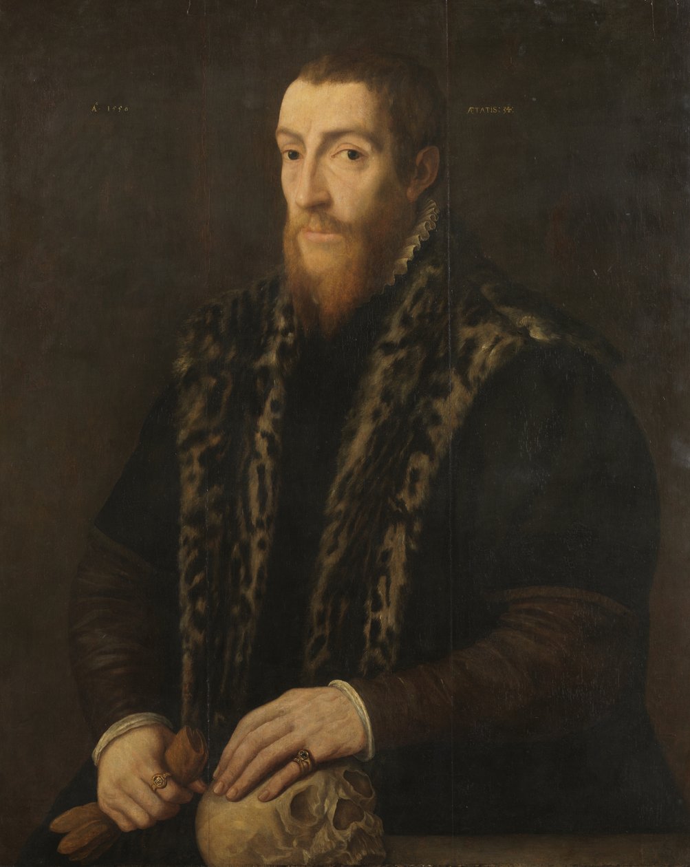Porträtt av en man med en skalle, 1550 av Pieter Coecke van Aelst