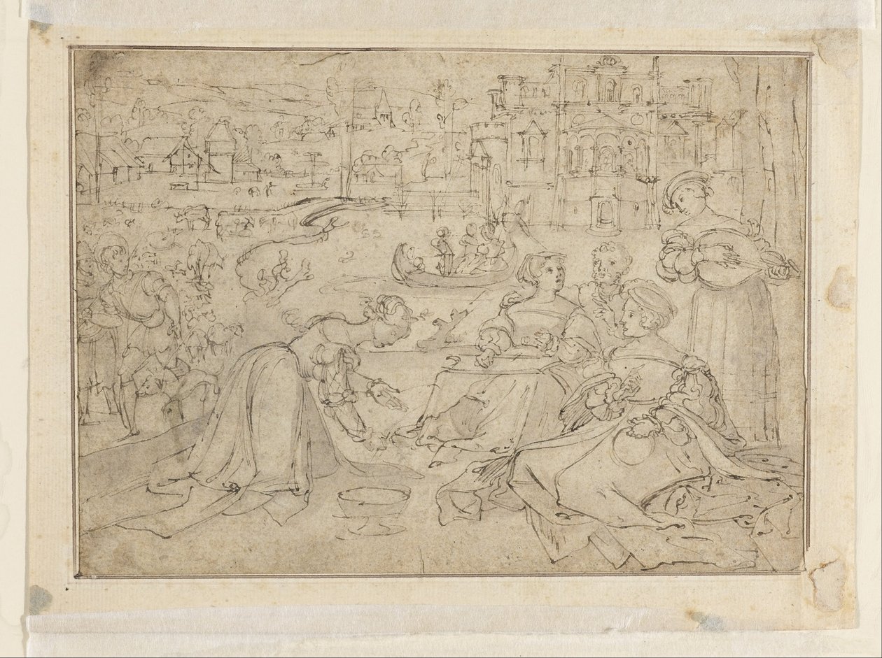 Recto- April månad (figurer i en park nära ett slott); Verso- Ungdom från The Three Ages of Man av Pieter Coecke van Aelst