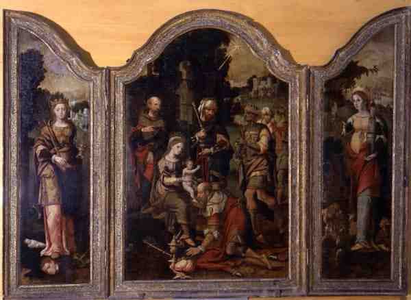 Triptyk som skildrar tillbedjan av männen och två helgon (olja på panel) av Pieter Coecke van Aelst