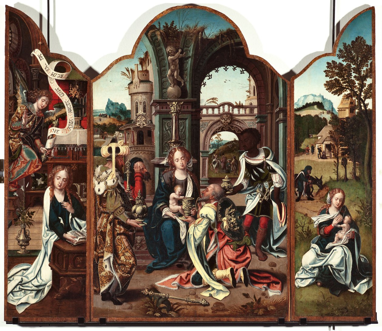 Triptyk of the Adoration of the Magi Vänster panel: Annunciation - Höger panel: Annunciation, till vänster och Flight into Egypt till höger Målning av Pieter Coeck van Aelst (1502-1550) 1500-talets Genes Musei di Strada Nuova (ex Palazzo Bianco) inv n PB av Pieter Coecke van Aelst