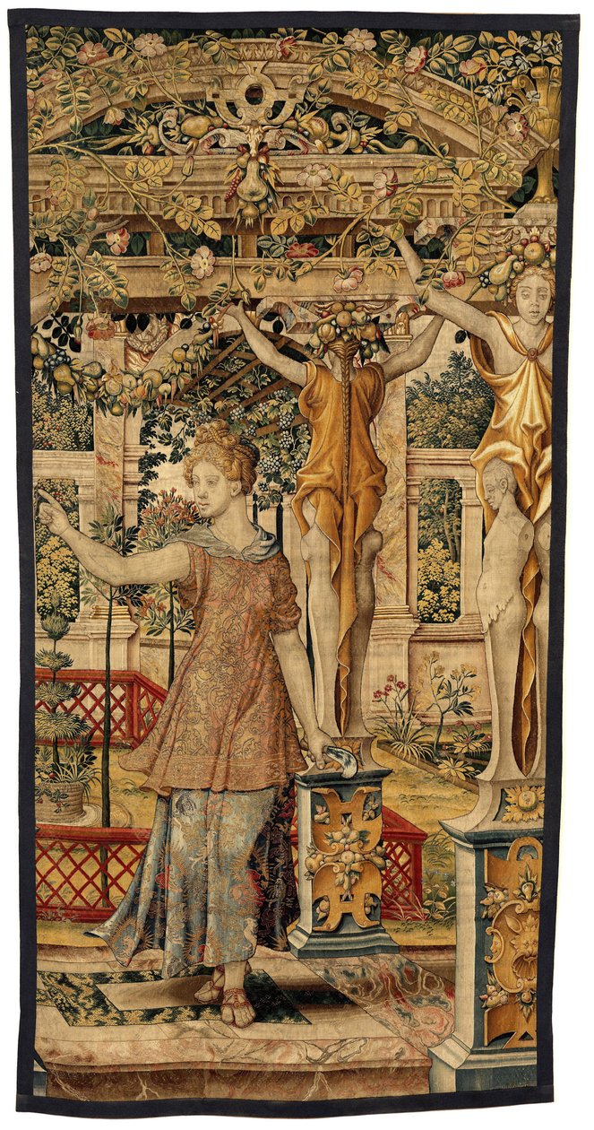 Vertumnus och Pomona: Vertumnus förvandlades till en bonde, ca 1550 (guld, ull och siden) av Pieter Coecke van Aelst