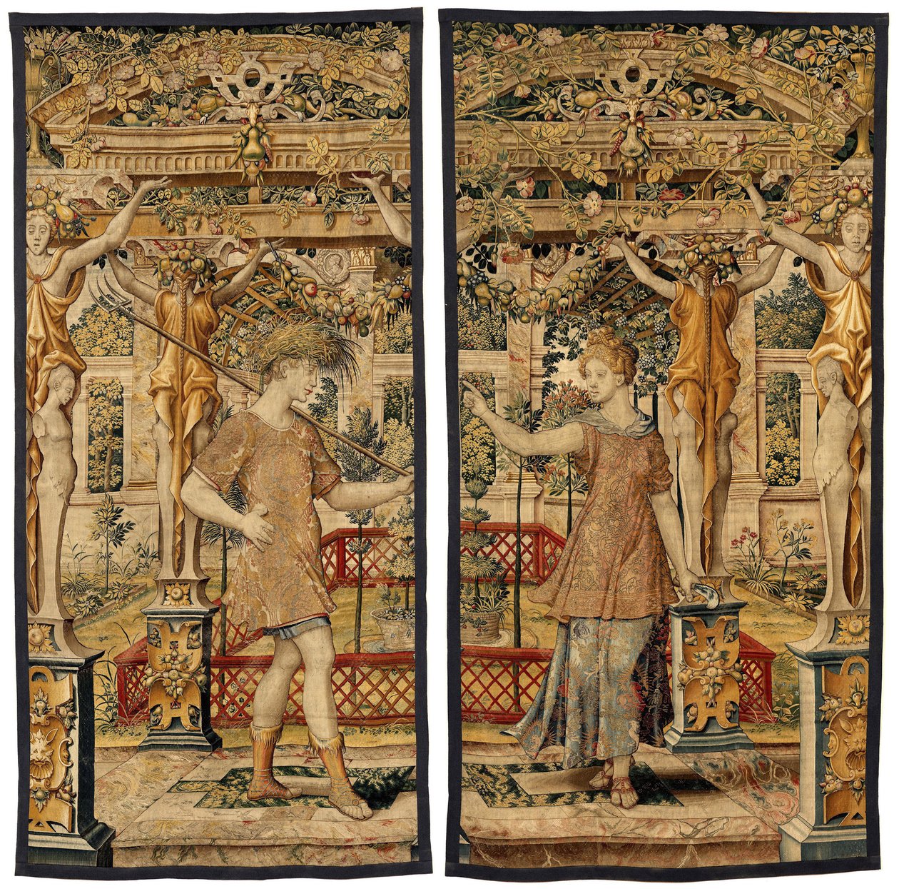 VertumnusとPomona：Vertumnusが農夫に変身、1550年頃（金、羊毛、絹）スウェーデン av Pieter Coecke van Aelst