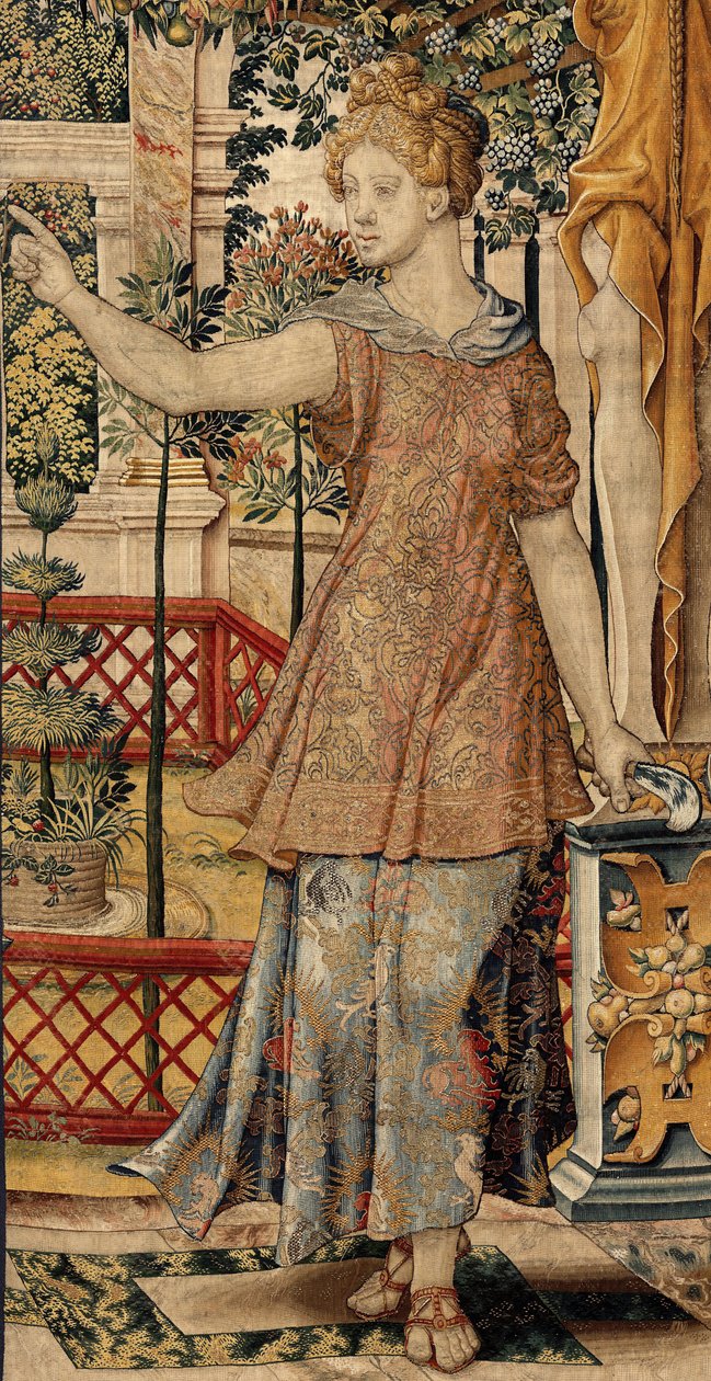 Vertumnus och Pomona: Vertumnus förvandlades till en bonde, ca 1550 (guld, ull och siden) av Pieter Coecke van Aelst