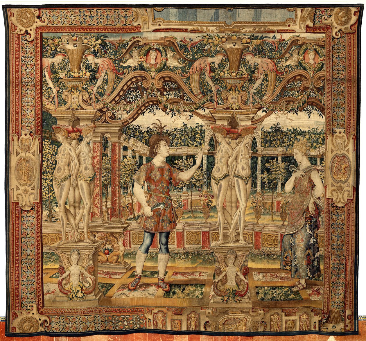 Vertumnus och Pomona: Vertumnus förvandlad till en beskärare, ca 1550 (guld, ull och siden) av Pieter Coecke van Aelst