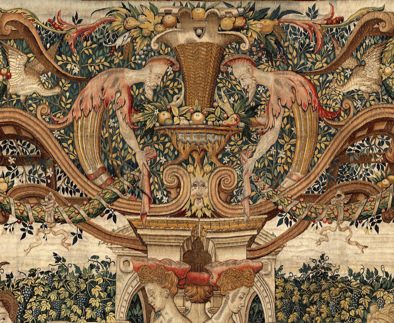 Vertumnus och Pomona: Vertumnus förvandlad till en beskärare, ca 1550 (guld, ull och siden) av Pieter Coecke van Aelst