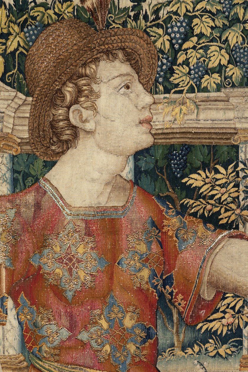 Vertumnus och Pomona: Vertumnus förvandlad till en beskärare, ca 1550 (guld, ull och siden) av Pieter Coecke van Aelst