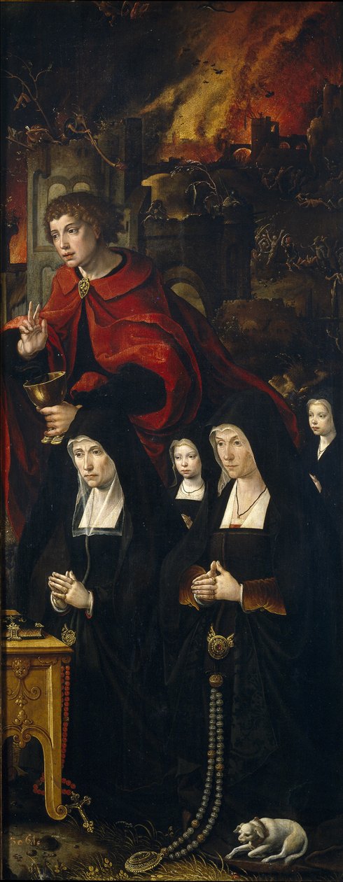Sankt Johannes evangelisten med två kvinnor och två bedjande flickor Höger panel av The Last Judgment tri av Pieter Coecke van Aelst