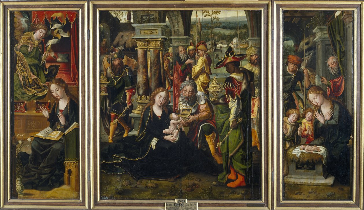 Bebådelsen. Tillbedjan av Magi. Herdarnas tillbedjan, andra kvartalet av 1 av Pieter Coecke van Aelst