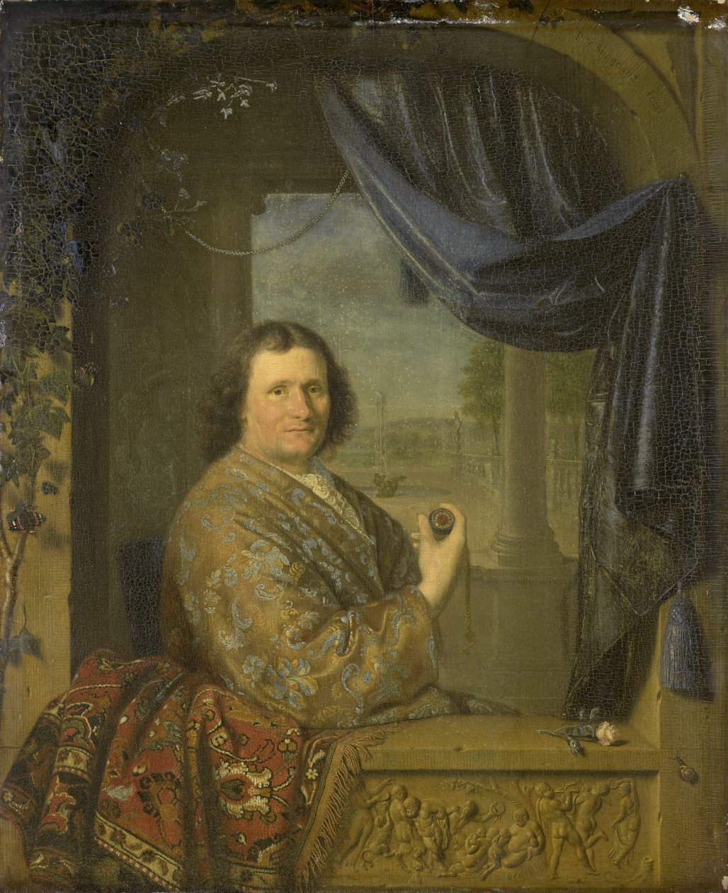 Porträtt av en man som håller en klocka, 1688 av Pieter Cornelisz Slingelandt van
